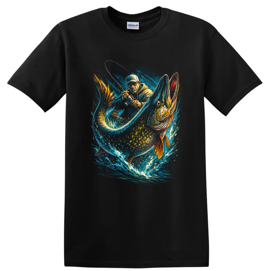 Angler Fishing Giant Pike Action Art T Shirt for Lake Sport Fishermen - Black