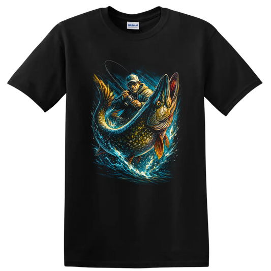Angler Fishing Giant Pike Action Art T Shirt for Lake Sport Fishermen - Black