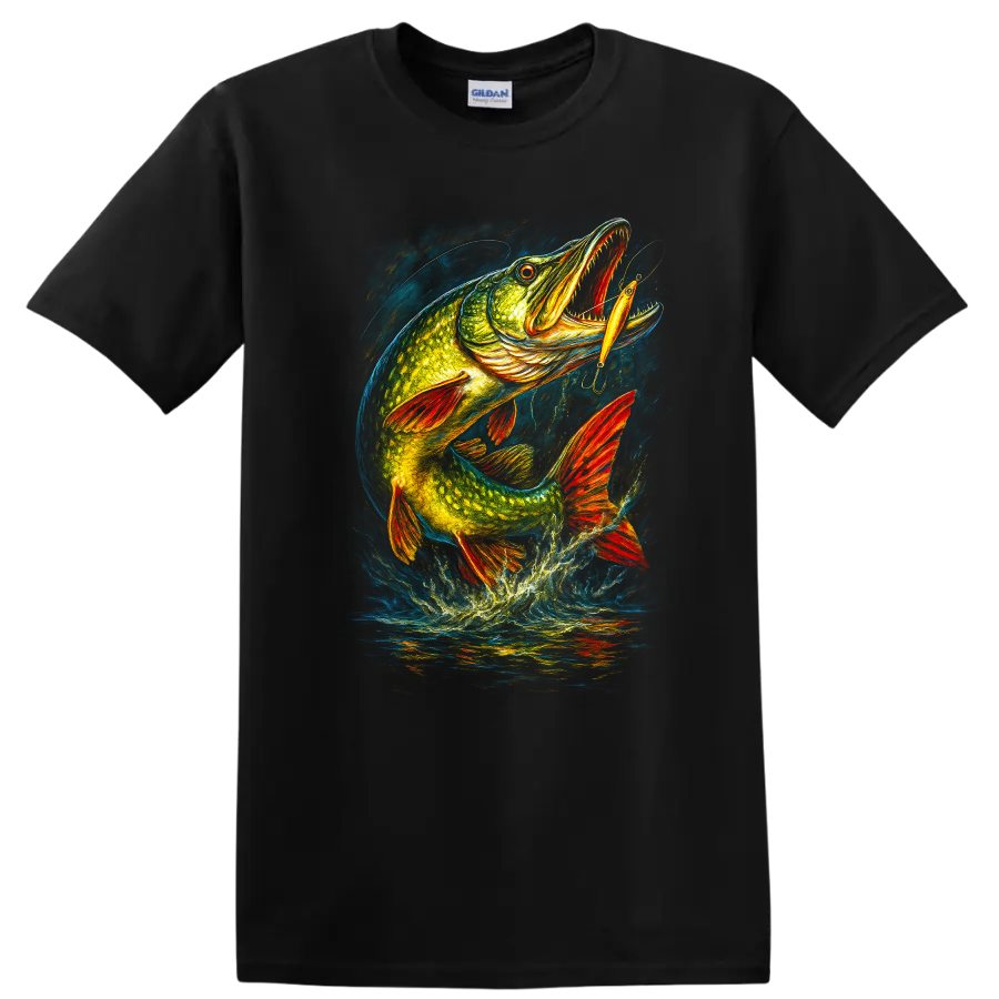Colorful Pike Fish Lure Jumping Art T Shirt for Anglers - Black