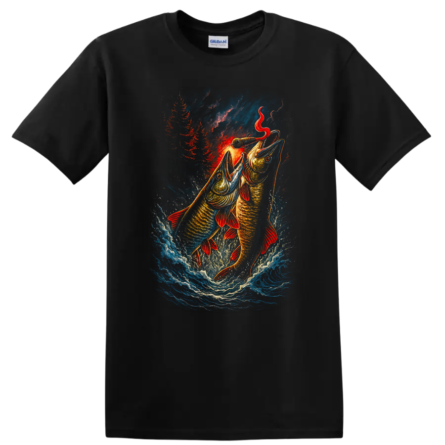 Fishing Lure Fish Jumping Art Graphic T Shirt for Anglers - Black