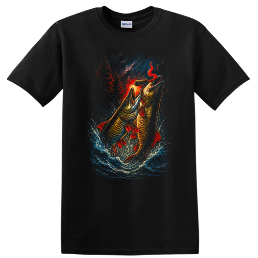 Fishing Lure Fish Jumping Art Graphic T Shirt for Anglers - Black