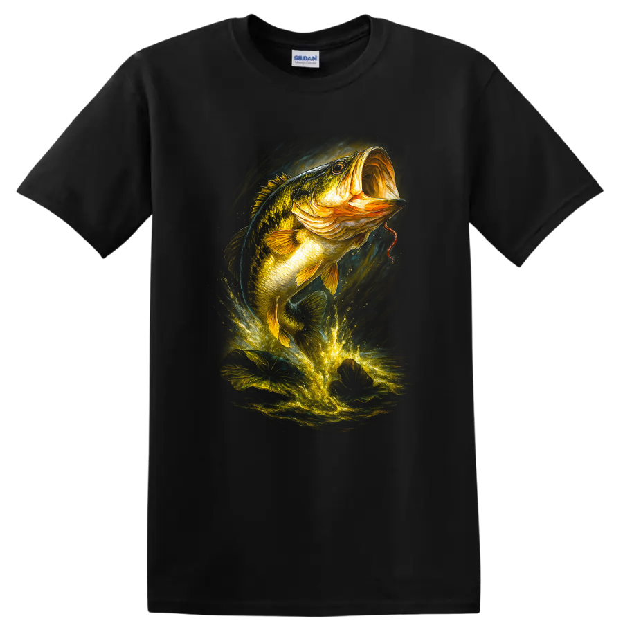 Glowing Largemouth Bass Fish Splash Art T Shirt for Anglers - Black