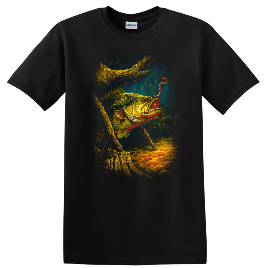 Colorful Largemouth Bass Fishing Art T Shirt for Anglers - Black