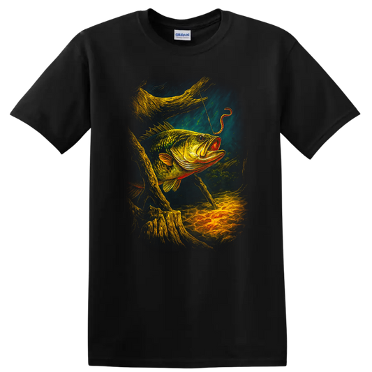 Colorful Largemouth Bass Fishing Art T Shirt for Anglers - Black