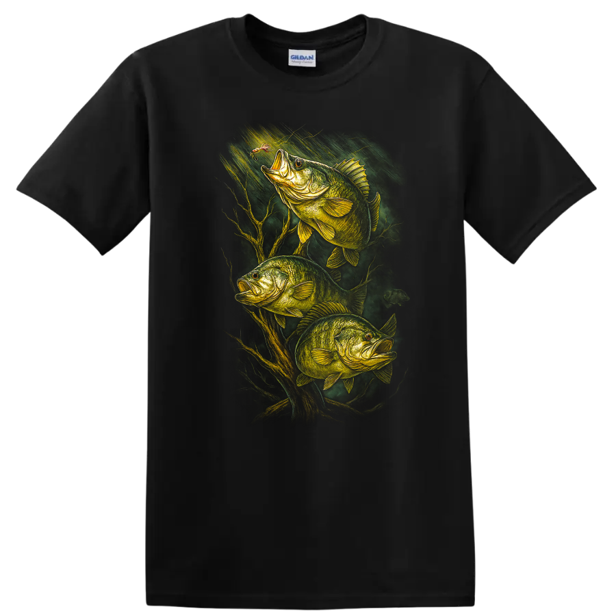 Bass Fishing T Shirt with Three Largemouth Fish Nature Graphic - Black