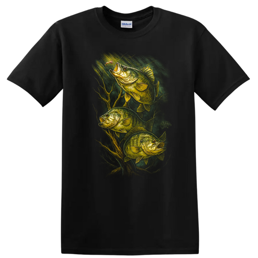 Bass Fishing T Shirt with Three Largemouth Fish Nature Graphic - Black