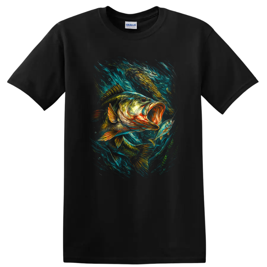 Bass Fishing T Shirt Vibrant Big Fish Catch Angler Art - Black