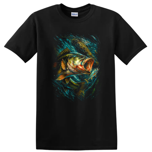 Bass Fishing T Shirt Vibrant Big Fish Catch Angler Art - Black