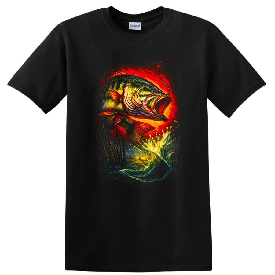Colorful Leaping Bass Fish Art T Shirt for Anglers and Outdoorsmen - Black