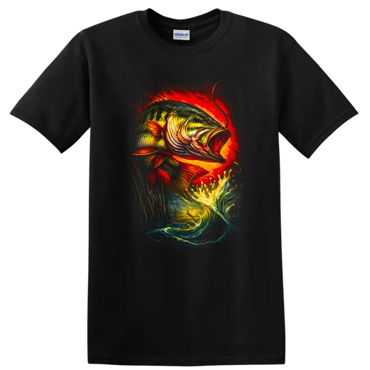 Colorful Leaping Bass Fish Art T Shirt for Anglers and Outdoorsmen - Black