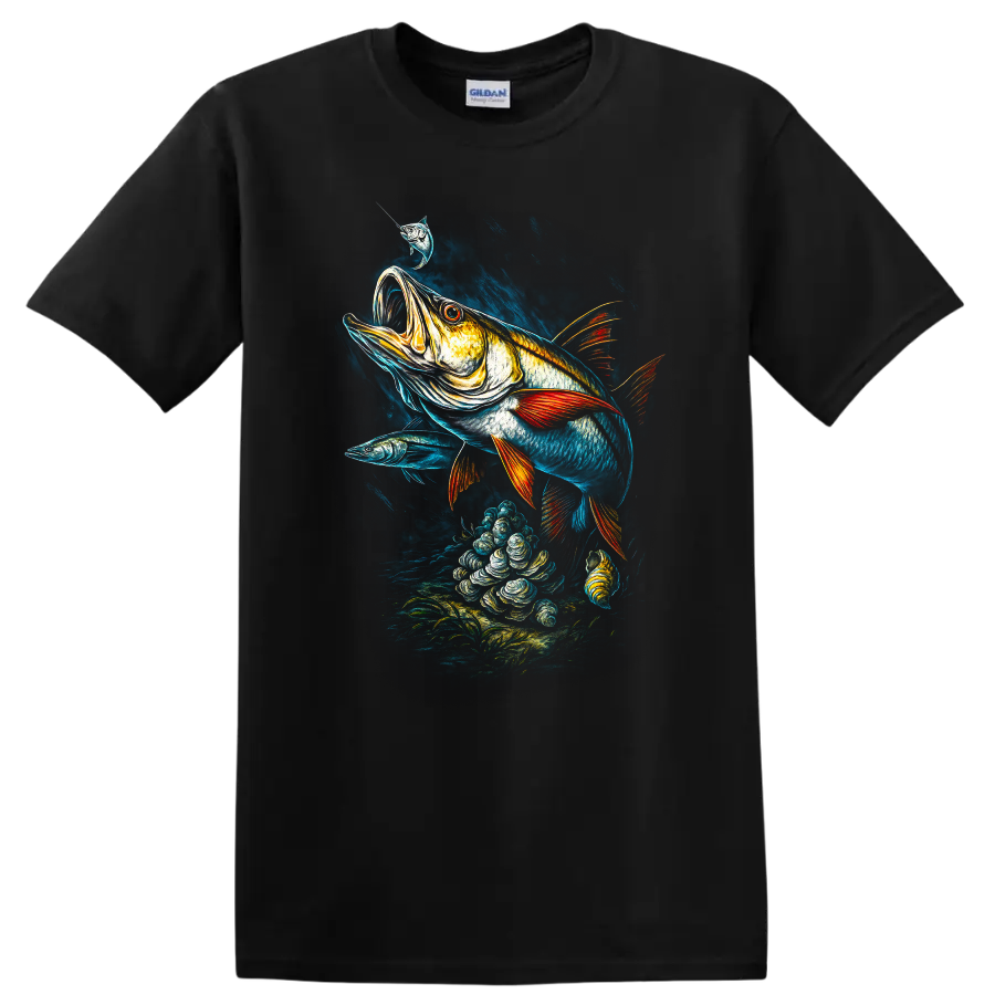 Vibrant Big Fish Underwater Art T Shirt with Bold Fishing Scene - Black