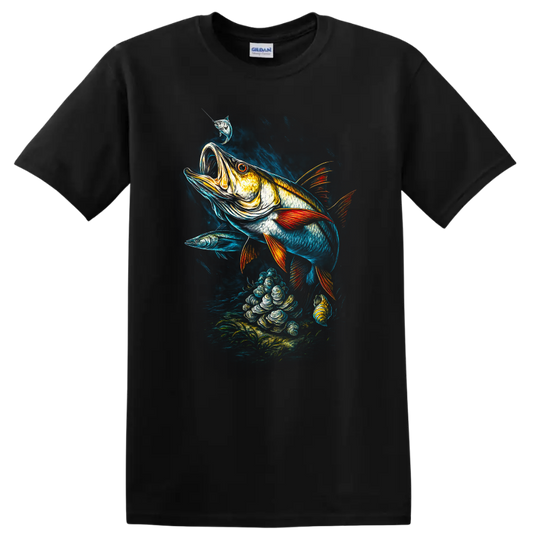 Vibrant Big Fish Underwater Art T Shirt with Bold Fishing Scene - Black