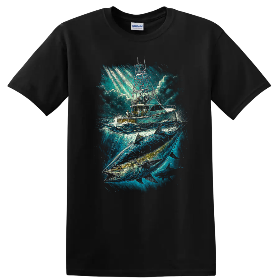 Ocean Fishing Boat and Big Fish T Shirt Blue Maritime Angler Art - Black