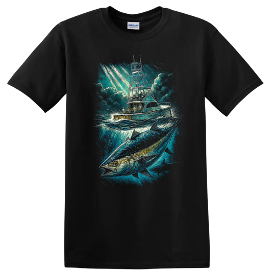 Ocean Fishing Boat and Big Fish T Shirt Blue Maritime Angler Art - Black