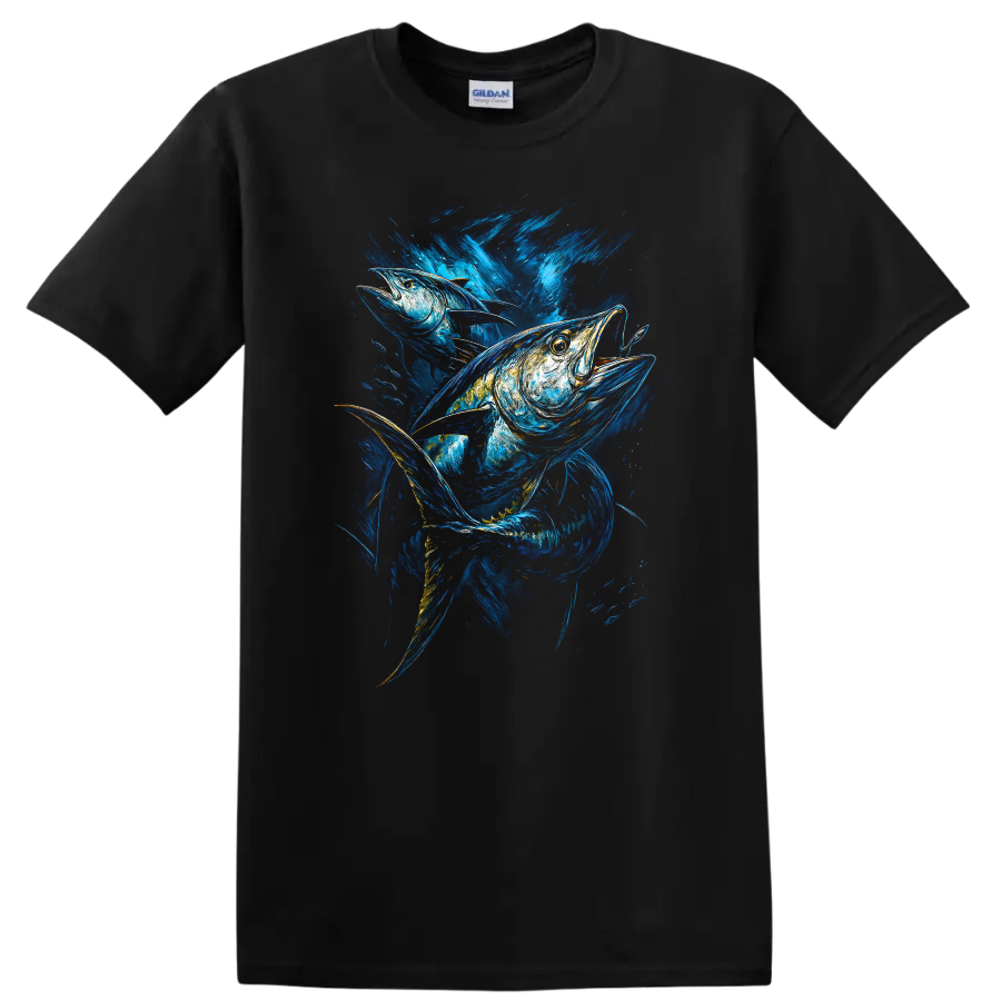 Vibrant Blue Fish Art T Shirt Abstract Ocean Wildlife Graphic - Black