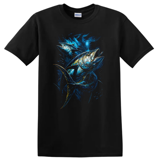 Vibrant Blue Fish Art T Shirt Abstract Ocean Wildlife Graphic - Black