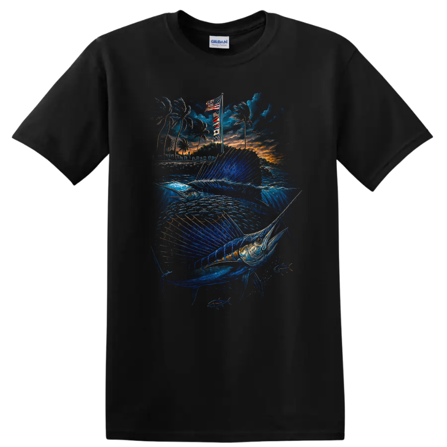 Blue Marlin Fishing Sunset Ocean Fish Graphic T Shirt - Black