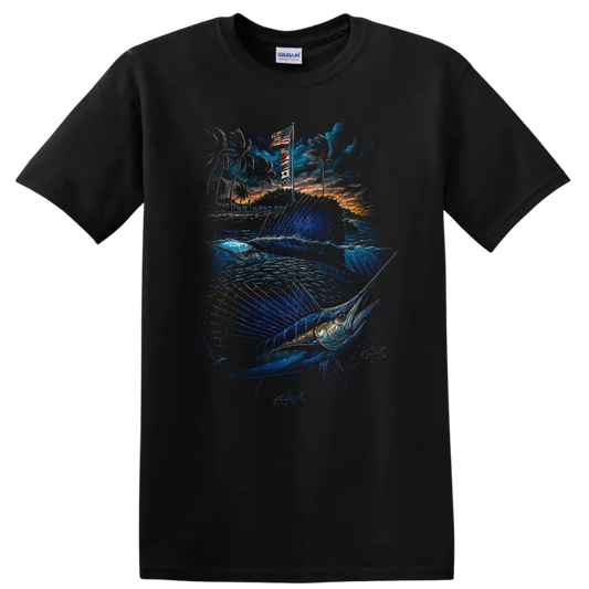 Blue Marlin Fishing Sunset Ocean Fish Graphic T Shirt - Black