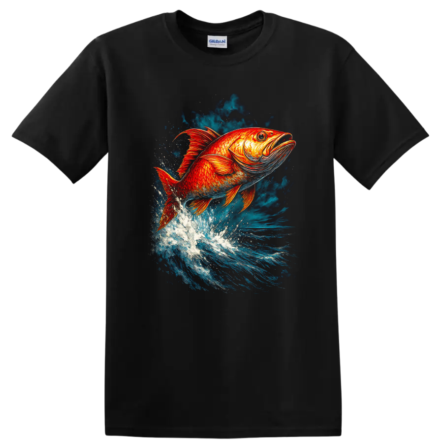 Vibrant Jumping Fish Splash Art T Shirt for Anglers and Nature Lovers - Black