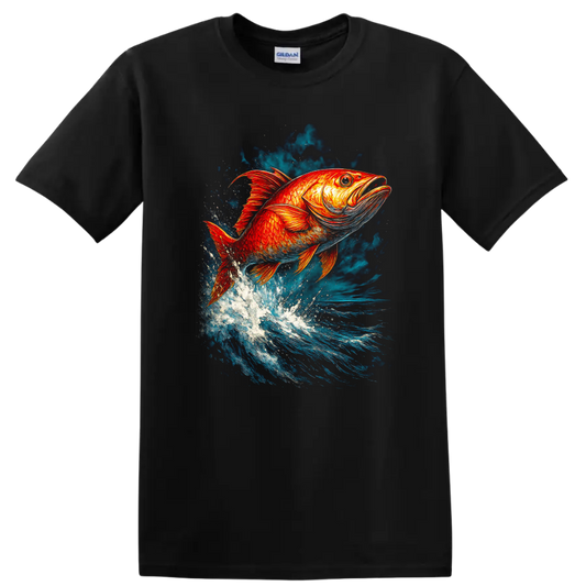 Vibrant Jumping Fish Splash Art T Shirt for Anglers and Nature Lovers - Black