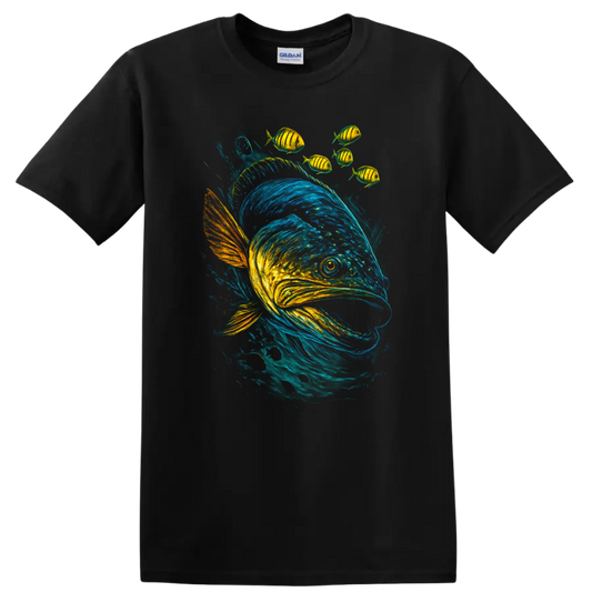 Colorful Fish School T Shirt Vibrant Aquatic Art for Ocean Lovers - Black