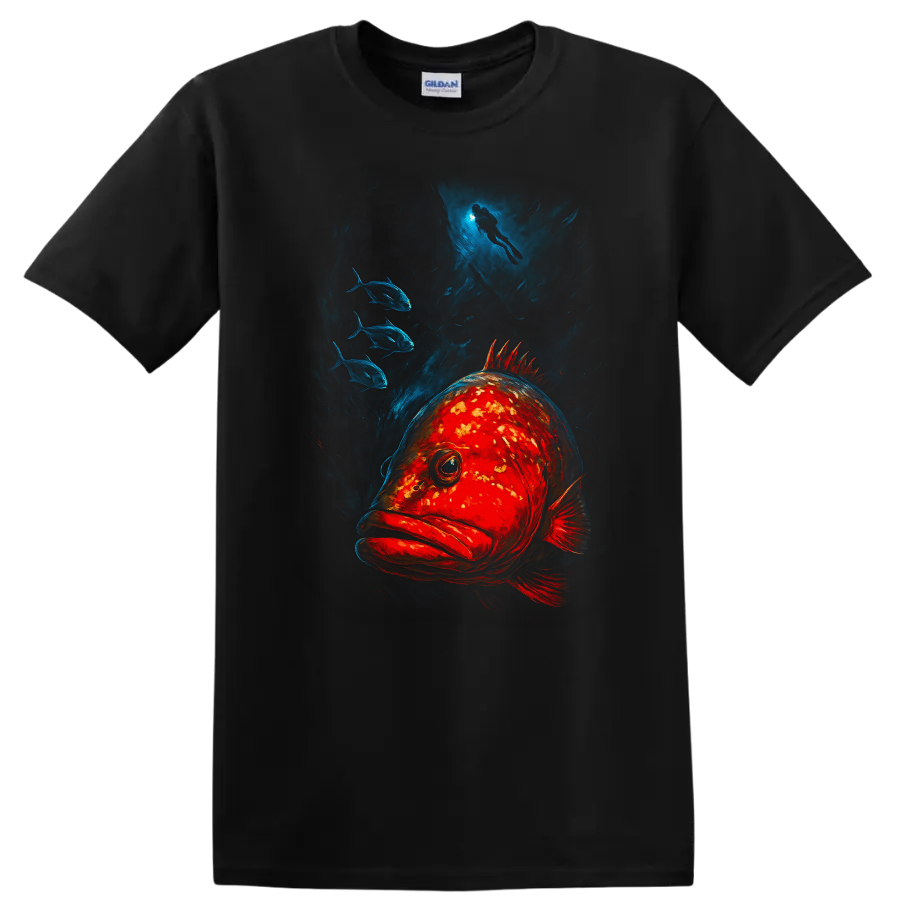 Deep Sea Fish T Shirt Vibrant Ocean Scuba Diver and School Art - Black