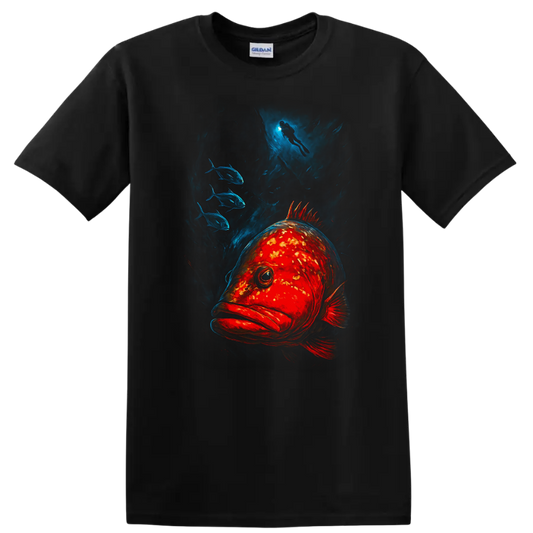 Deep Sea Fish T Shirt Vibrant Ocean Scuba Diver and School Art - Black