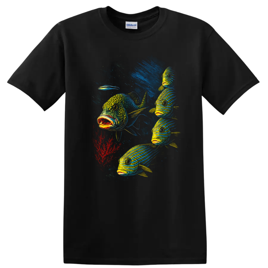 Colorful Fish School Underwater Art T Shirt for Ocean Lovers - Black