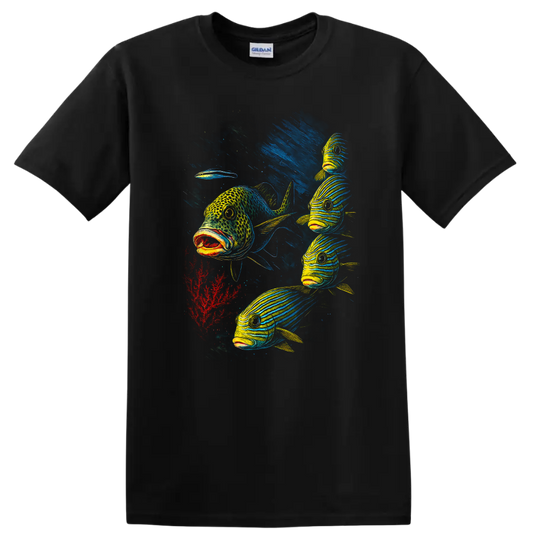 Colorful Fish School Underwater Art T Shirt for Ocean Lovers - Black