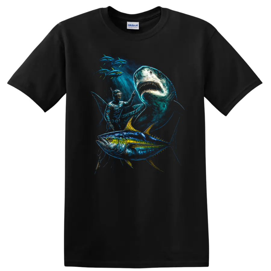 Ocean Fish Predator T Shirt Shark Tuna Diver Deep Sea Art - Black