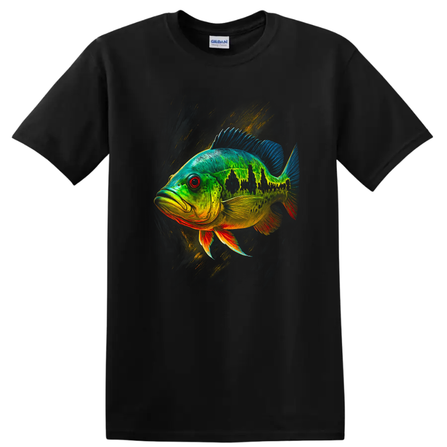 Colorful Fish Art T Shirt Neon Tropical Bass Graphic Tee - Black