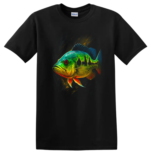 Colorful Fish Art T Shirt Neon Tropical Bass Graphic Tee - Black