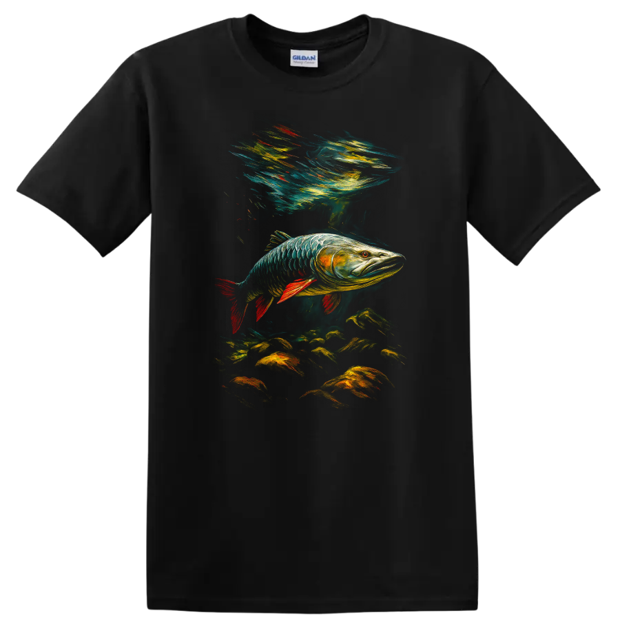 Colorful Fish Art T Shirt, Vibrant Underwater Bass Design for Anglers - Black