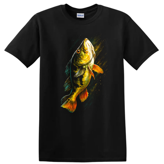 Colorful Fish Art T Shirt Vibrant Bass Fishing Graphic for Anglers - Black