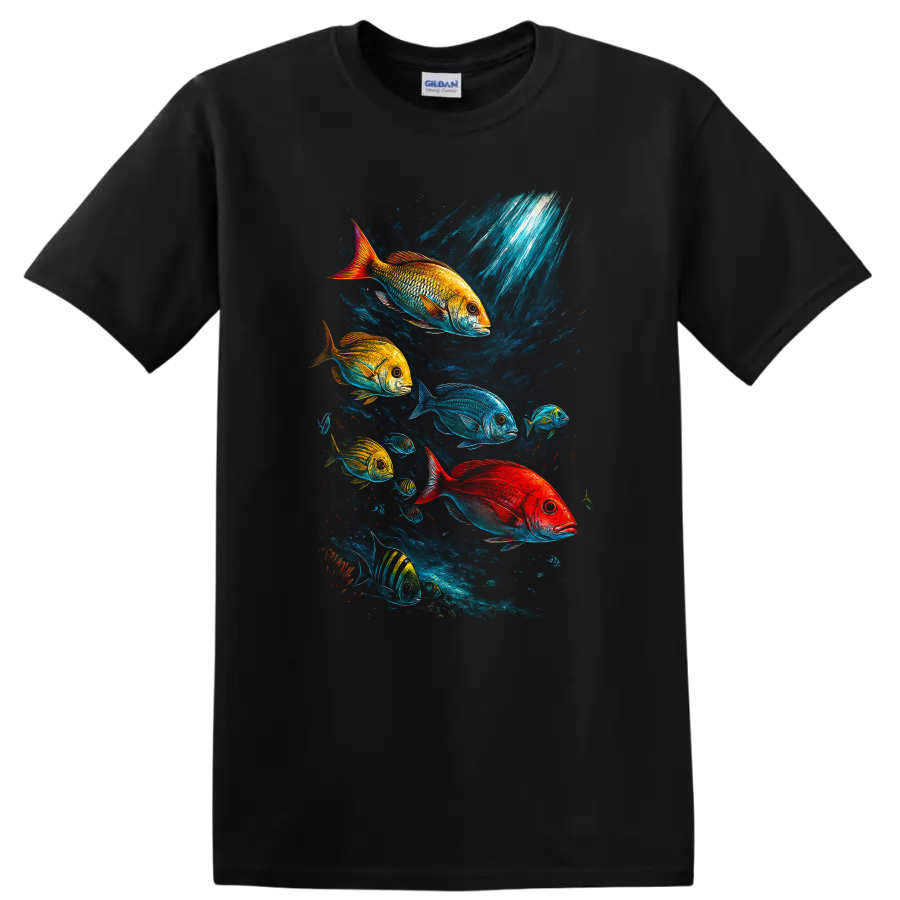 Colorful Fish School Underwater Art T Shirt Vibrant Ocean Scene - Black