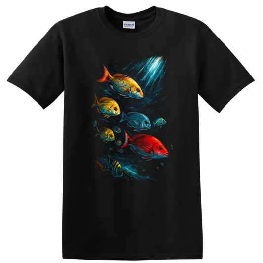 Colorful Fish School Underwater Art T Shirt Vibrant Ocean Scene - Black