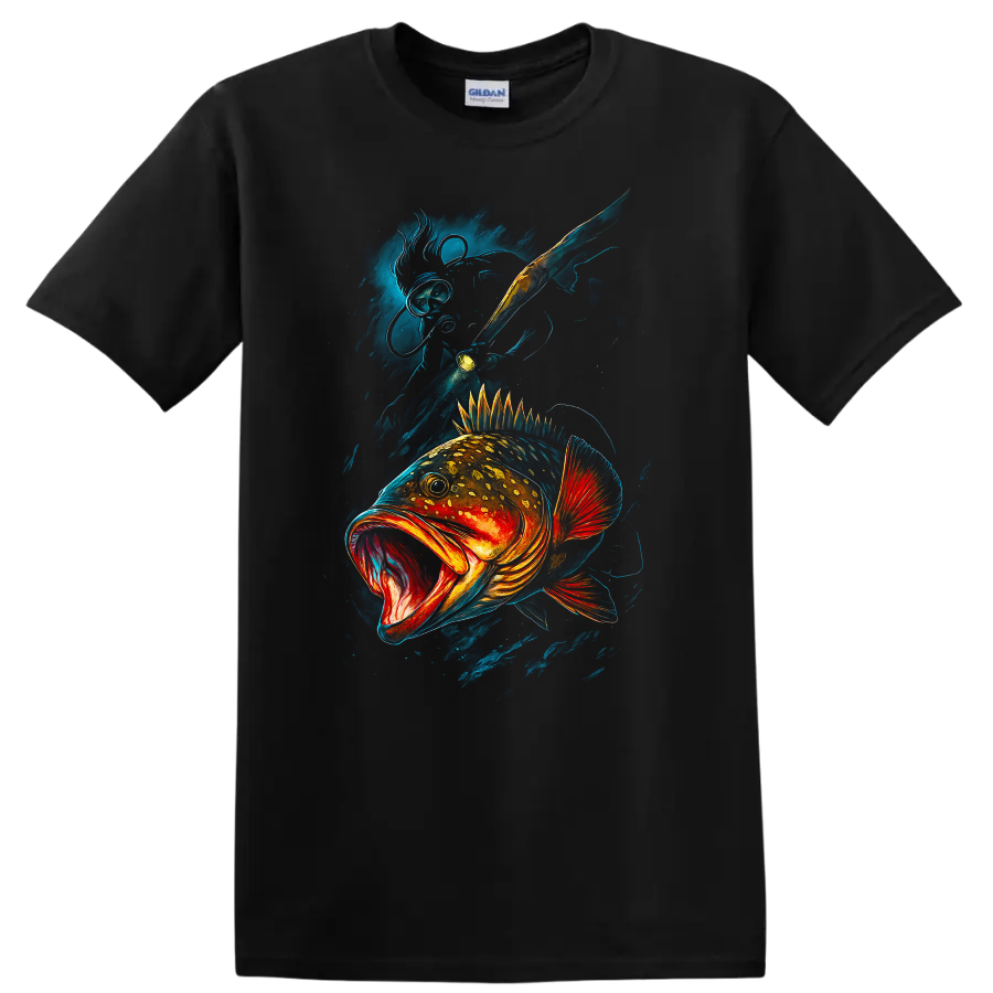 Colorful Bass Fish Art T Shirt Bold Deep Sea Angler Design - Black