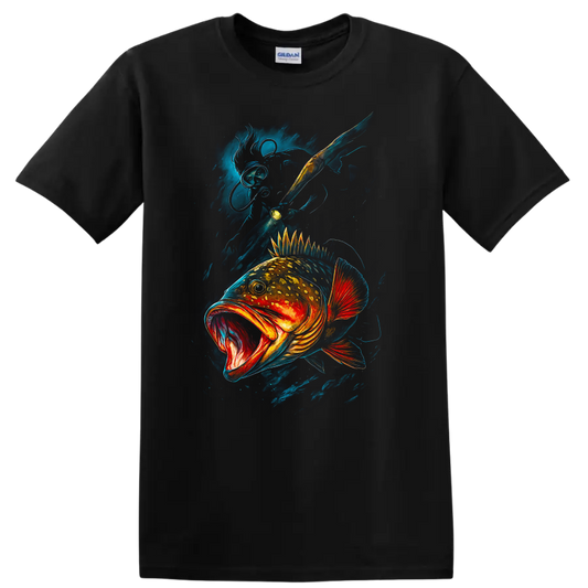 Colorful Bass Fish Art T Shirt Bold Deep Sea Angler Design - Black