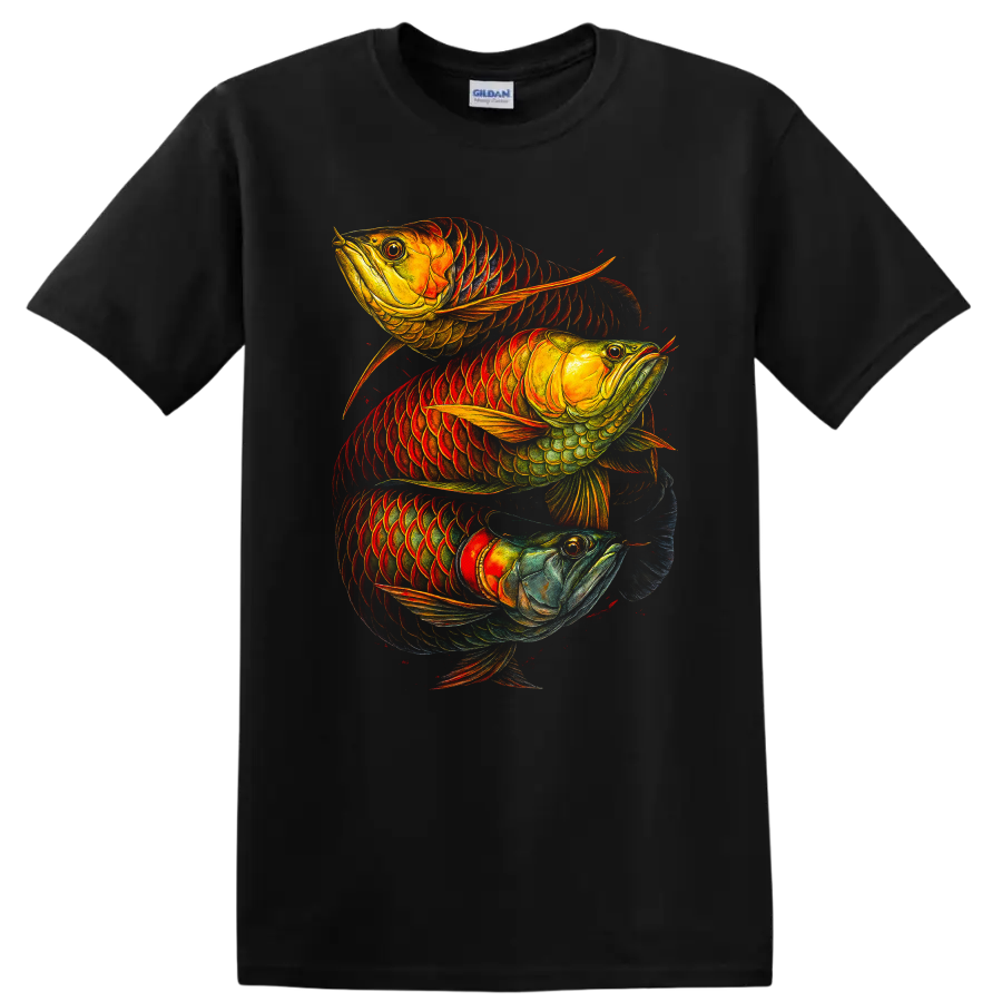 Three Arowana Fish Colorful Tropical Art T Shirt - Black
