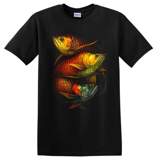 Three Arowana Fish Colorful Tropical Art T Shirt - Black