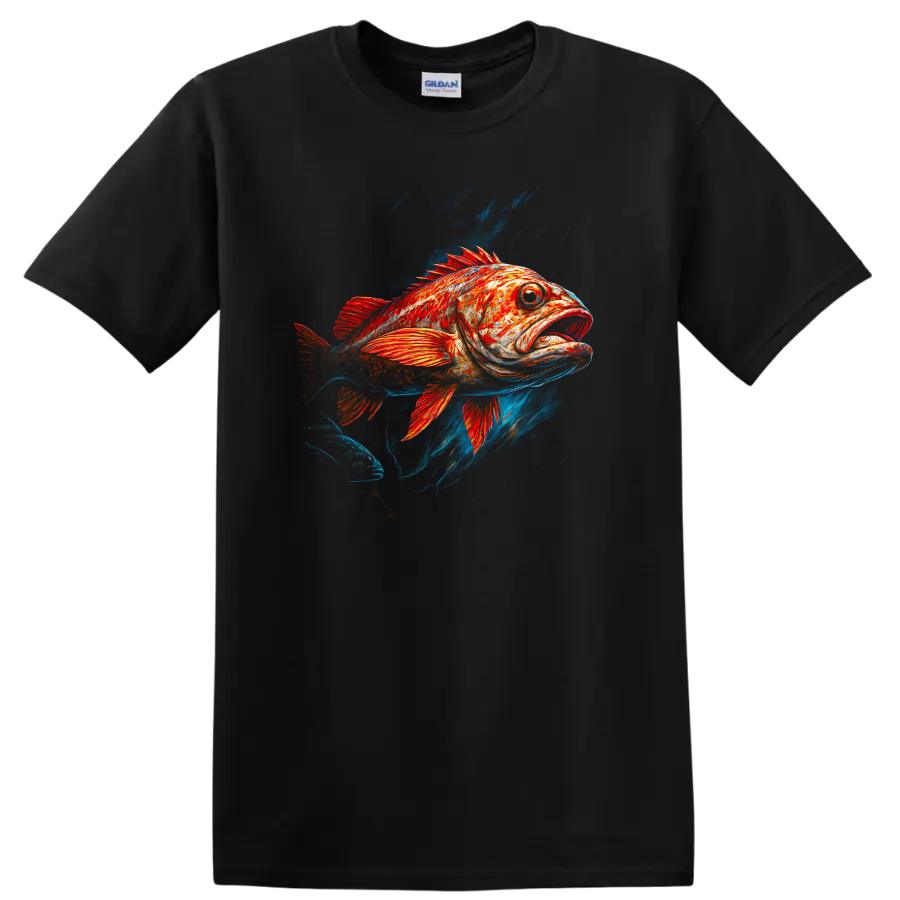 Red Orange Fish Art T Shirt with Bold Underwater Splash Design - Black