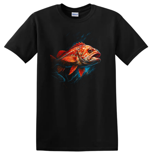 Red Orange Fish Art T Shirt with Bold Underwater Splash Design - Black