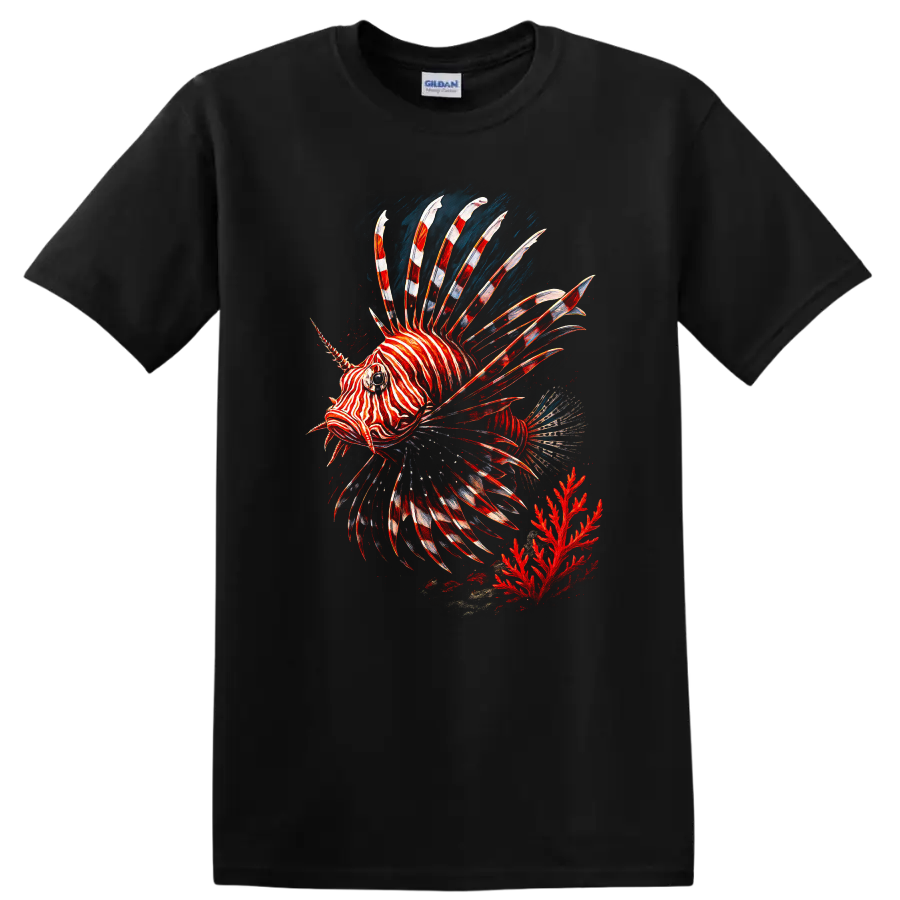 Red Lionfish Zebra Fish T Shirt Colorful Ocean Reef Graphic - Black