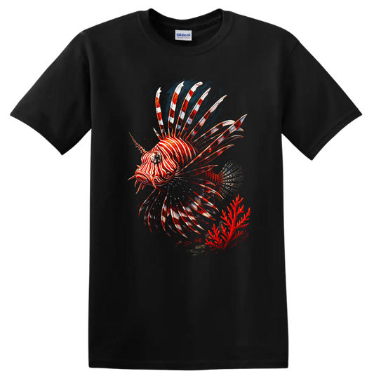 Red Lionfish Zebra Fish T Shirt Colorful Ocean Reef Graphic - Black