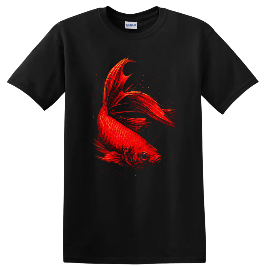 Fiery Red Betta Fish Art Graphic T Shirt for Fish Lovers - Black