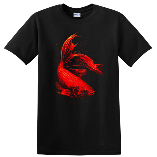 Fiery Red Betta Fish Art Graphic T Shirt for Fish Lovers - Black