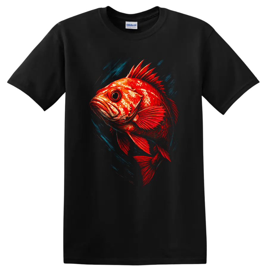Vibrant Red Fish Art T Shirt with Blue Splash Motion Design - Black