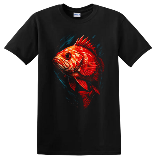 Vibrant Red Fish Art T Shirt with Blue Splash Motion Design - Black