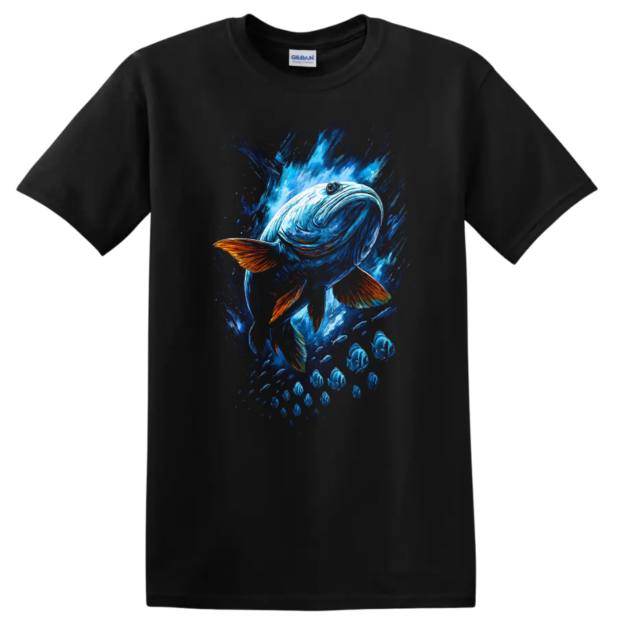 Abstract Blue Fish Splash Art T Shirt for Ocean Lovers and Anglers - Black