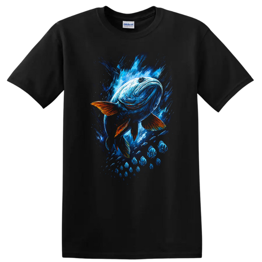 Abstract Blue Fish Splash Art T Shirt for Ocean Lovers and Anglers - Black